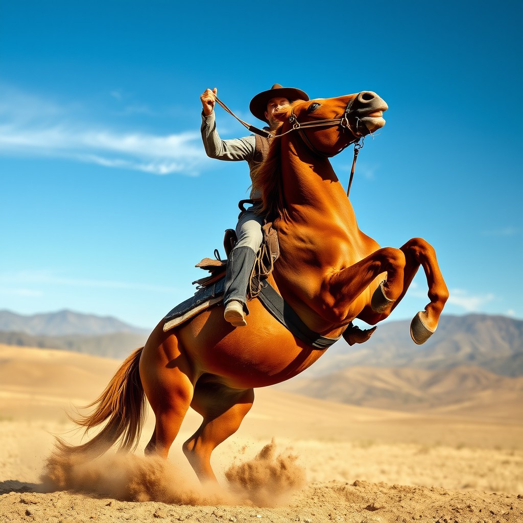 A dynamic scene featuring a cowboy riding a horse that is rearing up with its front legs lifted high, capturing an exhilarating moment of power and energy