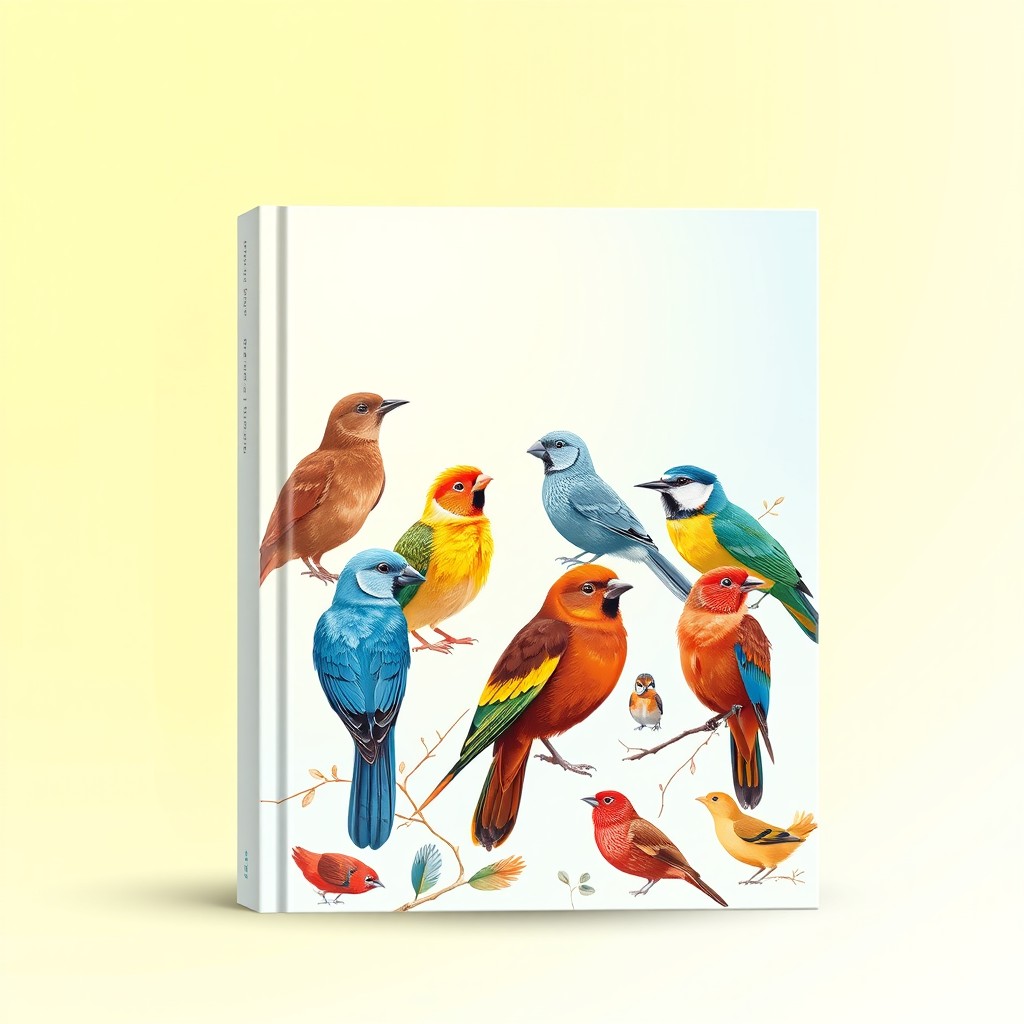 A book cover design featuring a variety of beautifully illustrated birds in vibrant colors, arranged in a way that showcases their unique feathers and characteristics