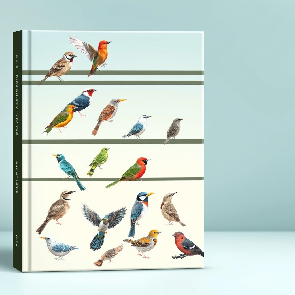 A book cover design featuring an array of intricately illustrated birds, showcasing their colorful plumage and unique poses against a serene background