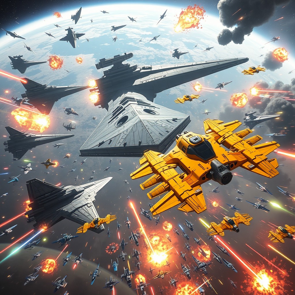 A grand galactic war scene featuring Star Destroyers engaging in battle against Venator-class starships