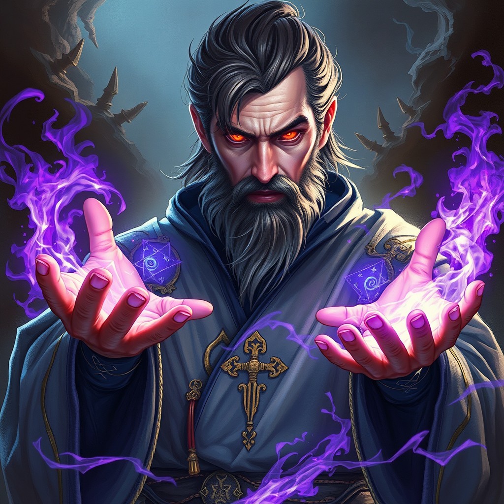 A detailed portrait of a fantasy wizard with glowing red eyes, casting violet flames from their hands
