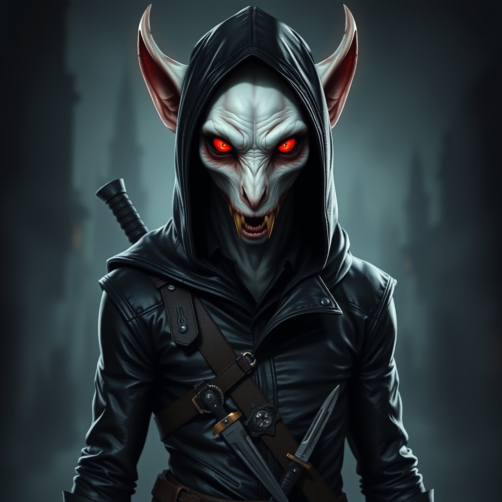A portrait of a thin albino gnoll assassin featuring a sleek black leather outfit with a hood, emphasizing their red glowing eyes, sharp claws, and fangs