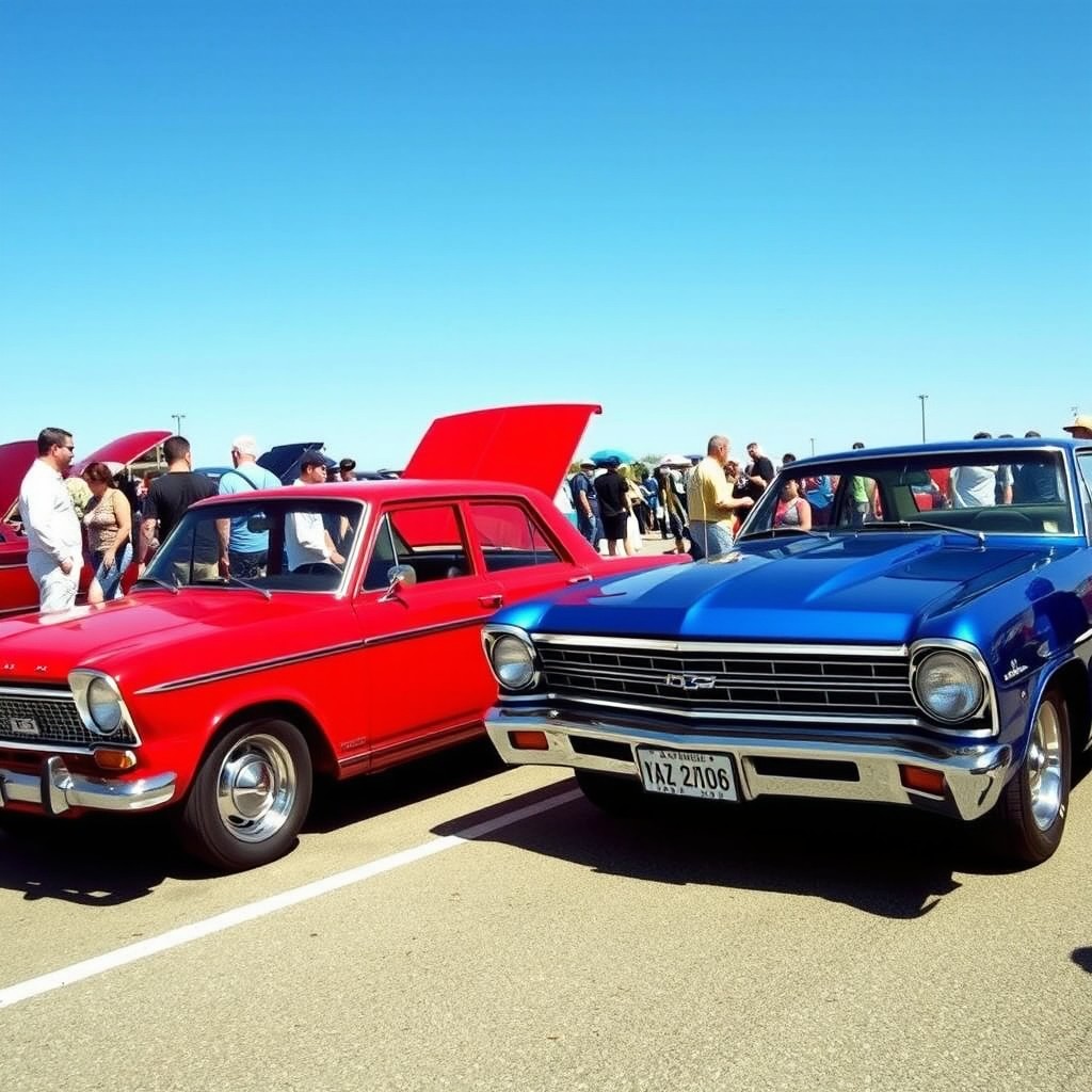 A classic car show scene featuring a VAZ 2106 and a Chevrolet Nova SS from 1966