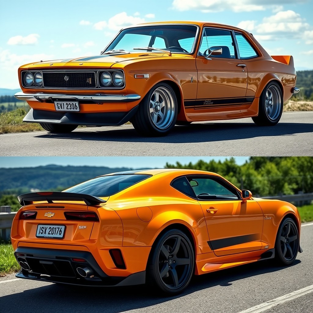 A VAZ 2106 transformed with design elements inspired by a Chevrolet Camaro SS, featuring the Camaro's muscular lines, aggressive front grille, and sporty dual exhausts