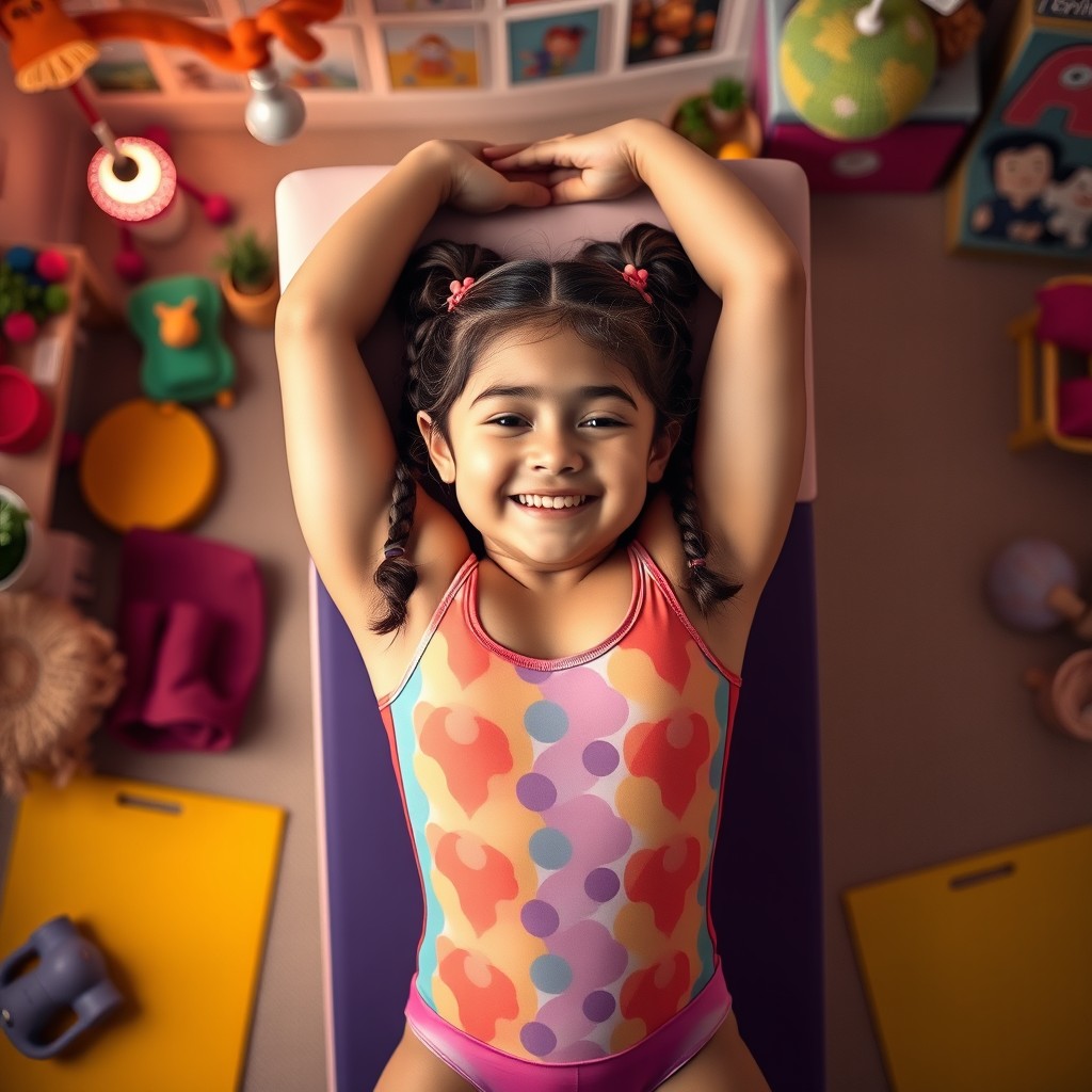 A top down shot of a chubby cute 16-year-old girl with twin braided ponytails lying on her back in a yoga pose, legs positioned behind her head