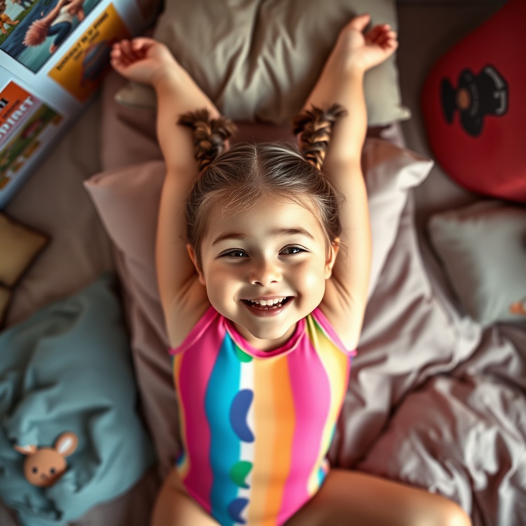 A top down shot of a cute, chubby teenage girl with twin braided ponytails, lying on her back in a yoga pose with her legs behind her head
