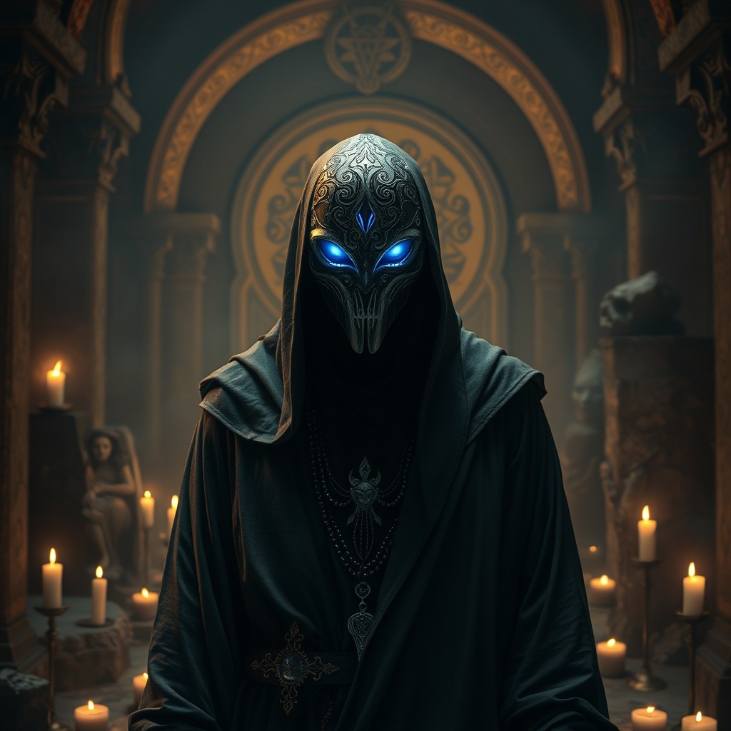 A mysterious masked cultist standing in an ancient, dimly lit chamber filled with mystical symbols and candles
