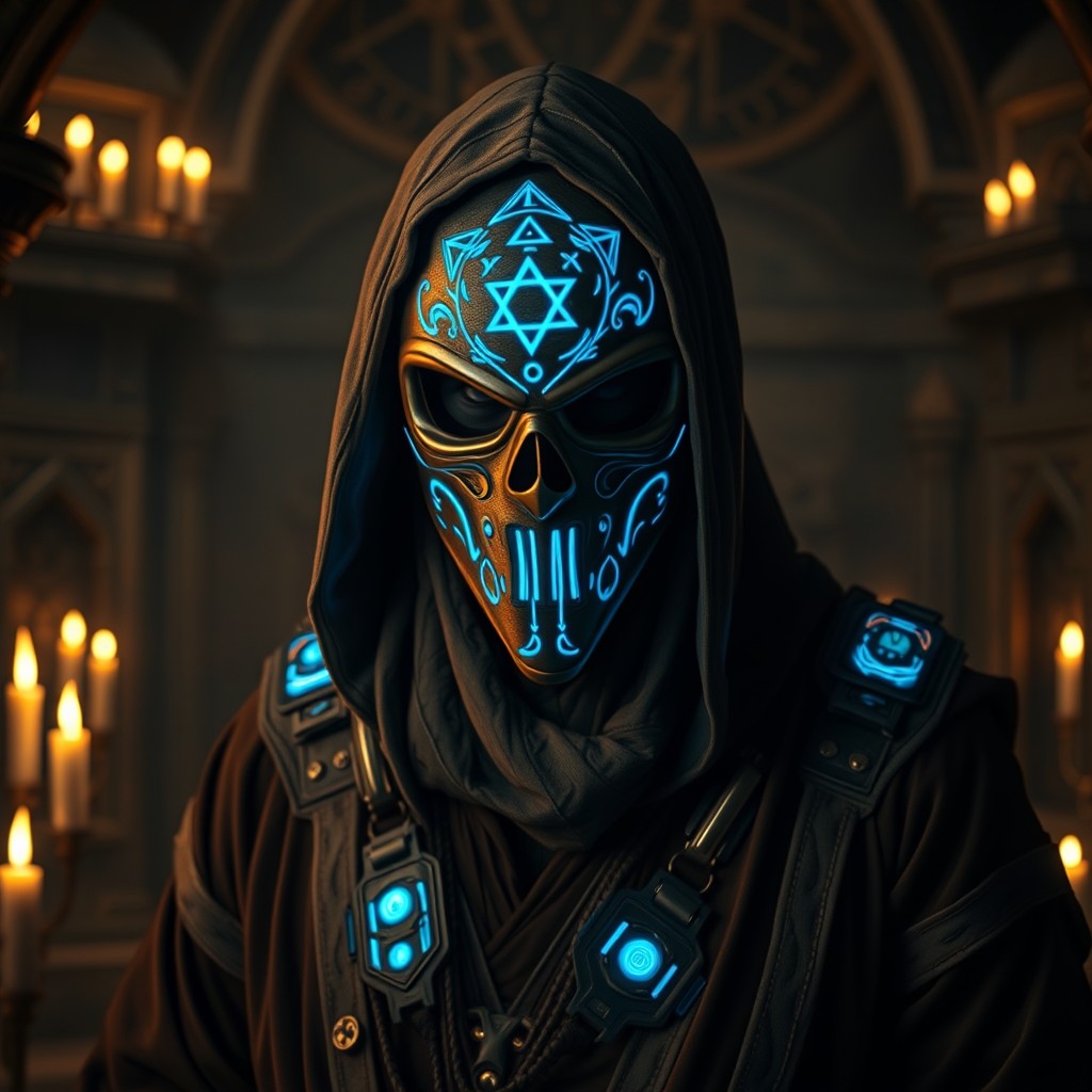 A mysterious masked cultist in a dark, atmospheric environment, showcasing advanced magitech implants that glow with vibrant neon blue energy