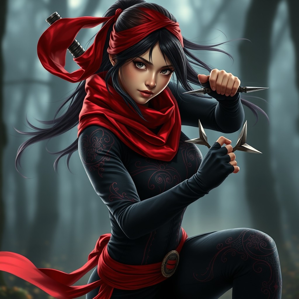 A realistic female ninja character dressed in a themed outfit of black and red, showcasing intricate designs and patterns that reflect her skilled and stealthy nature
