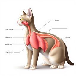 An anatomical illustration of a cat's respiratory system, showcasing detailed labels for each part including the nasal cavity, trachea, lungs, bronchi, and diaphragm