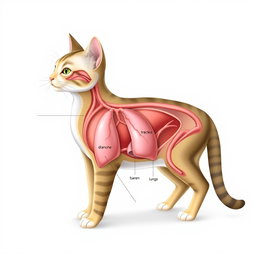 An anatomical illustration of a cat's respiratory system, showcasing detailed labels for each part including the nasal cavity, trachea, lungs, bronchi, and diaphragm