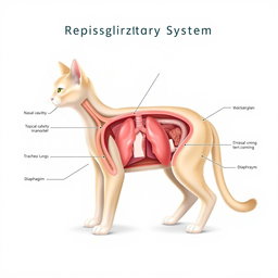 An anatomical illustration of a cat's respiratory system, showcasing detailed labels for each part including the nasal cavity, trachea, lungs, bronchi, and diaphragm