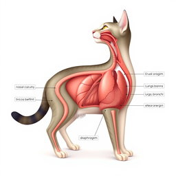 An anatomical illustration of a cat's respiratory system, showcasing detailed labels for each part including the nasal cavity, trachea, lungs, bronchi, and diaphragm
