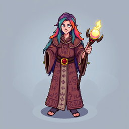 A vibrant and detailed top-down character sprite designed in a 64x64 pixel art style, depicting a character standing straight