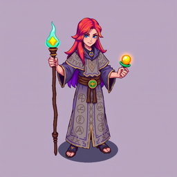 A vibrant and detailed top-down character sprite designed in a 64x64 pixel art style, depicting a character standing straight