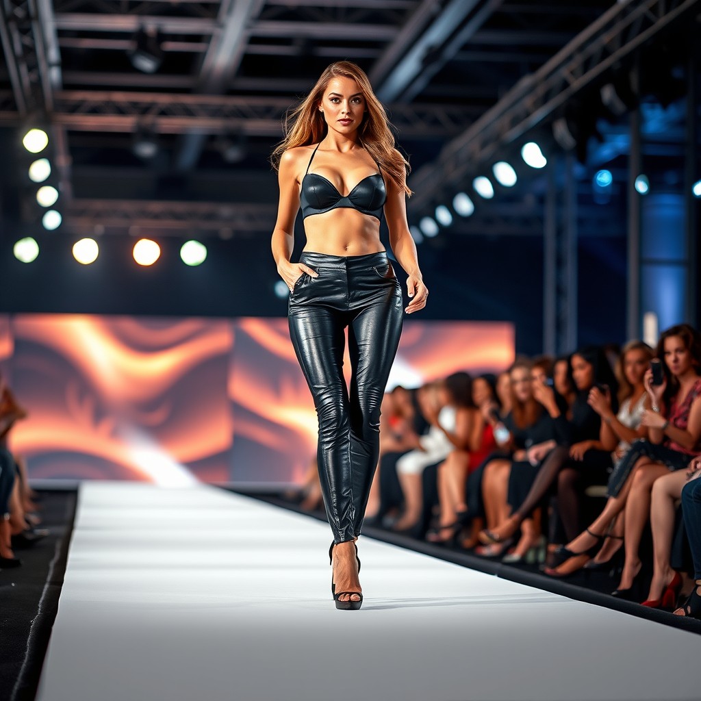 A stunning model strutting down a fashion runway, wearing tight leather pants that accentuate her curves and high heels that elevate her stature