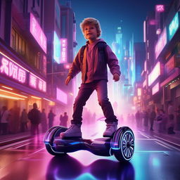 A young boy deftly maneuvering a glowing hoverboard, floating above the high-tech neon-lit streets of a bustling futuristic city.