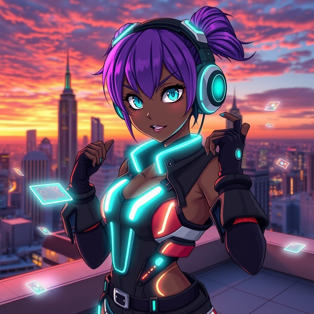 A stunning black anime girl with vibrant purple hair and bright teal eyes, wearing a stylish futuristic outfit adorned with glowing neon accents