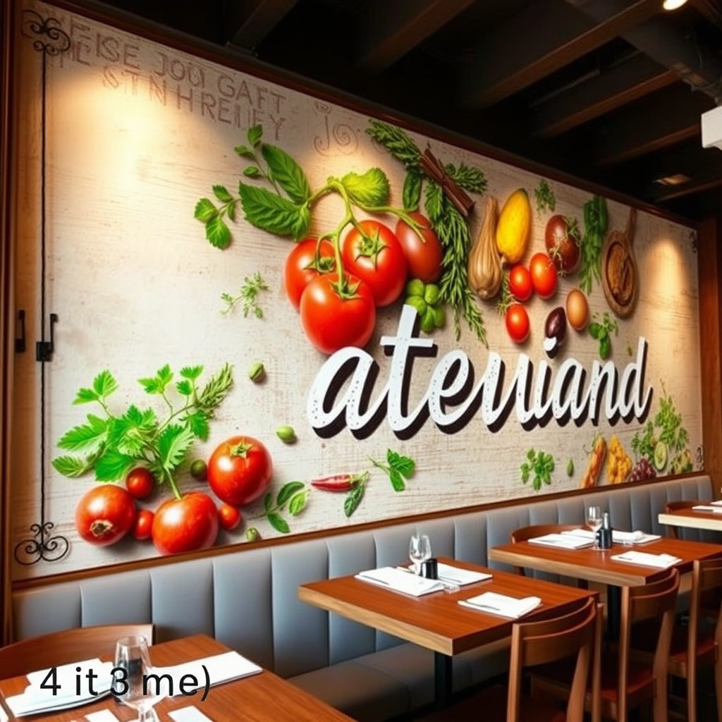 A beautifully designed restaurant wall mural measuring 4 meters long and 3 meters high