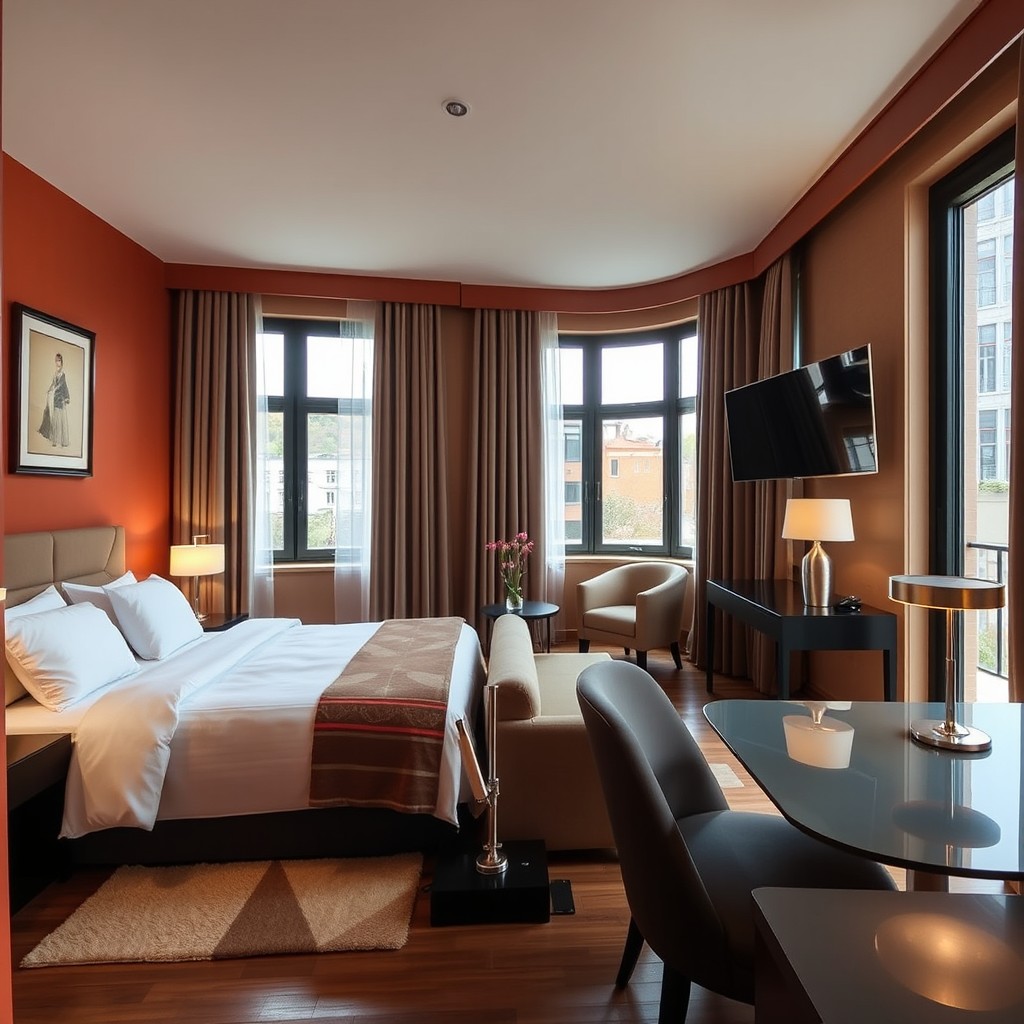 A cozy hotel room measuring 16 square meters, featuring a comfortable queen-size bed with plush bedding, a small seating area with a stylish armchair, and a modern desk with a sleek lamp
