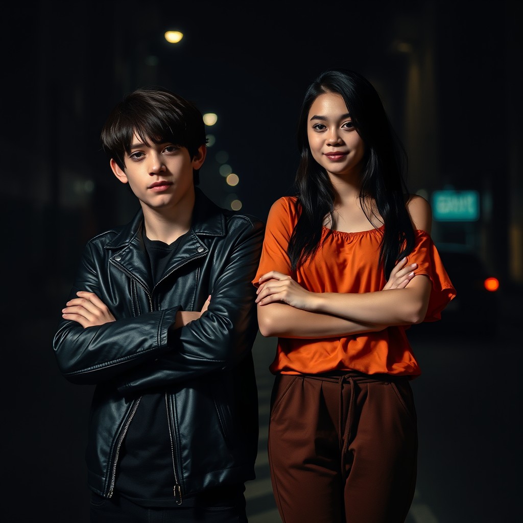 A book cover set on a dark night street, almost completely immersed in darkness, focusing on two teenagers in the foreground