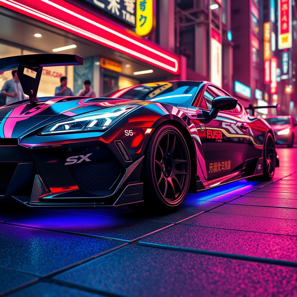A dynamic and stylish depiction of a Japanese anime-inspired Alit SX5 car, featuring sleek lines and intricate details
