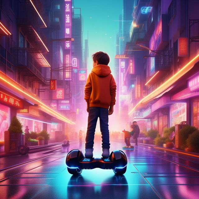 A young boy deftly maneuvering a glowing hoverboard, floating above the high-tech neon-lit streets of a bustling futuristic city.