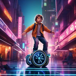 A young boy deftly maneuvering a glowing hoverboard, floating above the high-tech neon-lit streets of a bustling futuristic city.