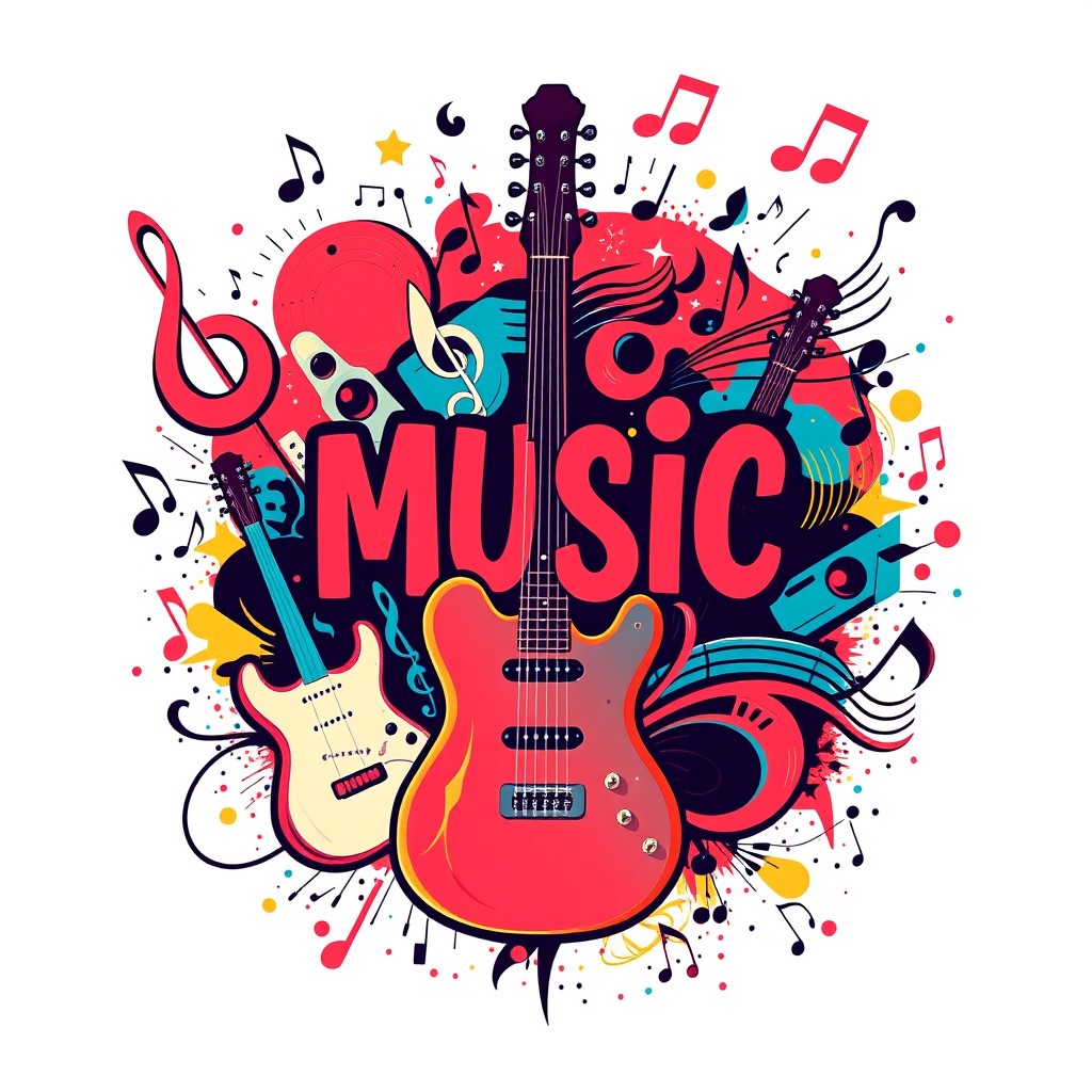 A vibrant and artistic music-themed design, showcasing elements like musical notes, instruments such as guitars and pianos, and lively sound waves