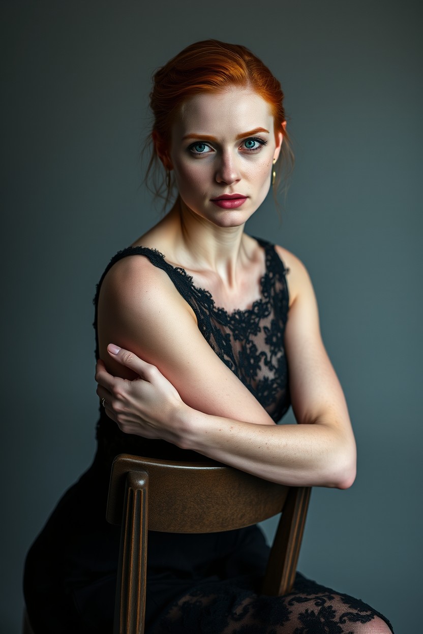 A professional photograph of a beautiful, pale-skinned, freckled redhead woman, elegantly posing while sitting on a chair