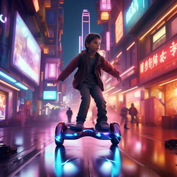 A young boy deftly maneuvering a glowing hoverboard, floating above the high-tech neon-lit streets of a bustling futuristic city.