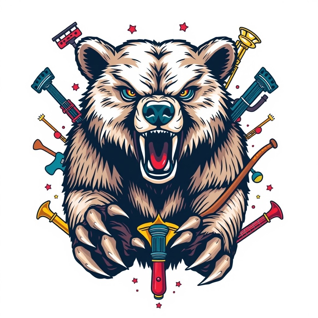 A fierce bear illustration combined with various musical instruments, such as guitars, drums, and trumpets, designed for a T-shirt