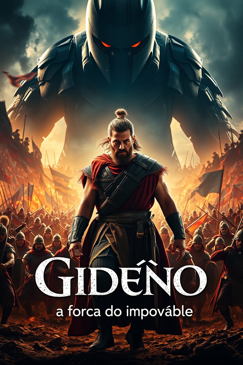 A dramatic and epic scene depicting Gideon leading a small army against a much larger opponent, showcasing intense light effects and vibrant colors