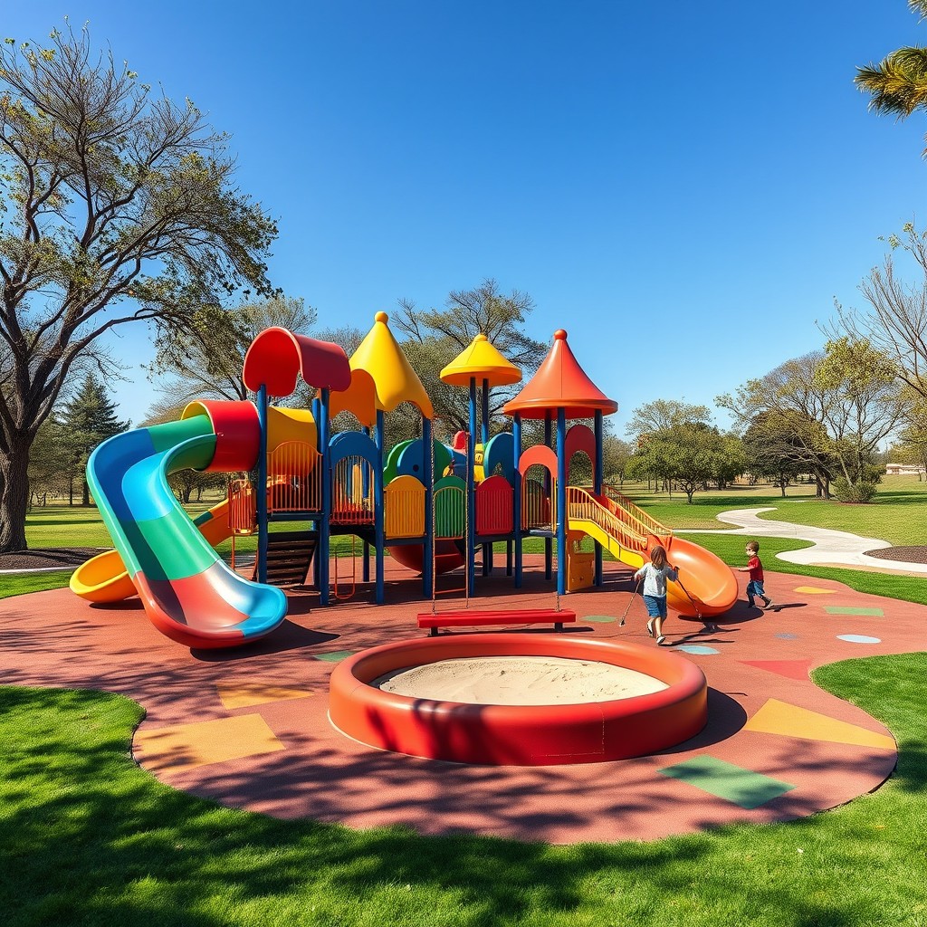 A vibrant and colorful playground designed with elements inspired by conic sections