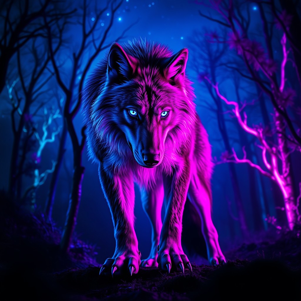 A mysterious and vibrant nocturnal scene capturing the essence of night, illuminated by striking neon shades of blue, purple, and pink