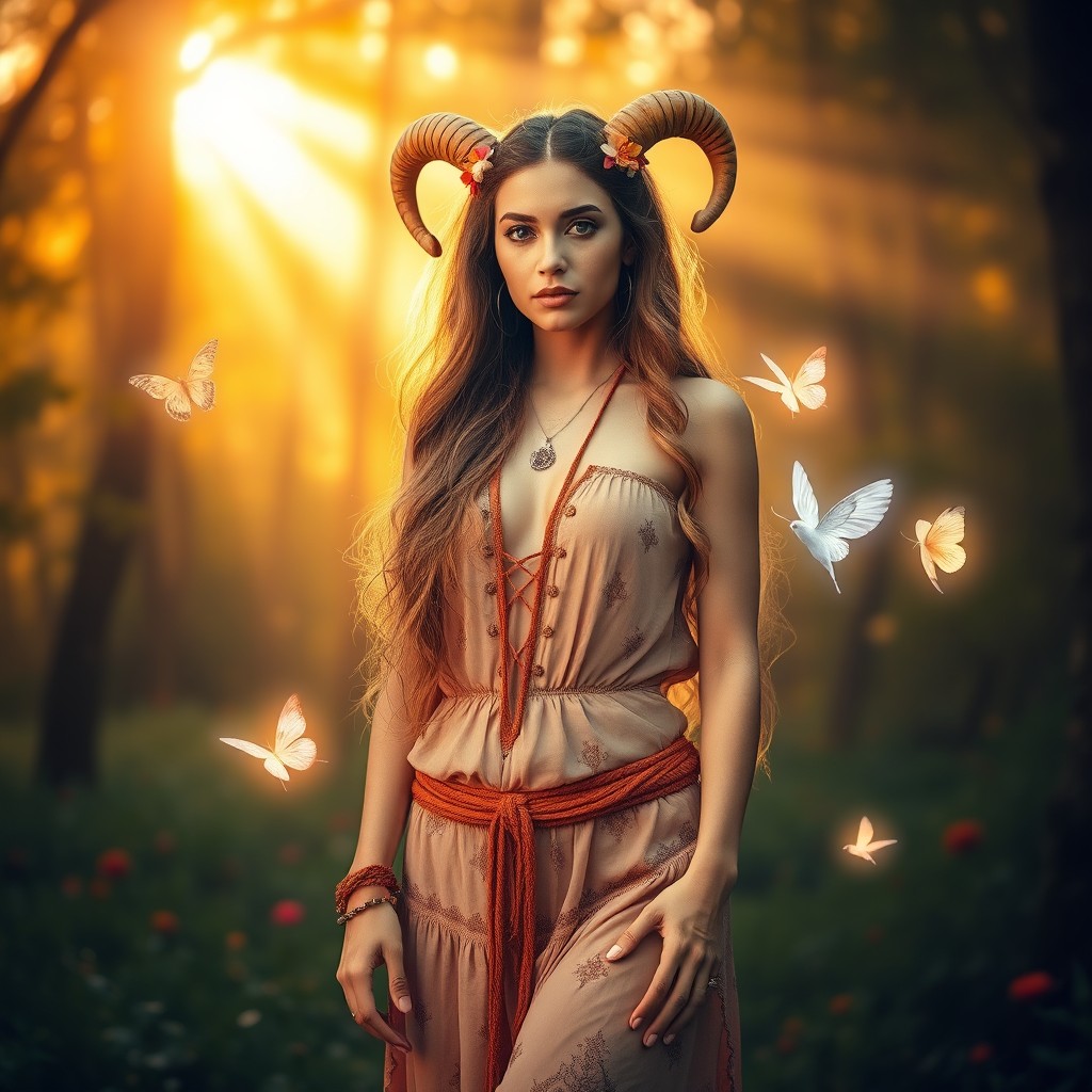 An Aries woman embodying strength and confidence, standing in a vibrant, mystical forest at dawn