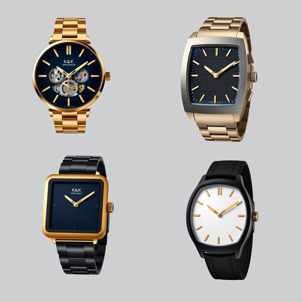 A series of luxury wristwatch design variations for the brand 'K&K Watch', showcasing a collection that is unique, elegant, and innovative