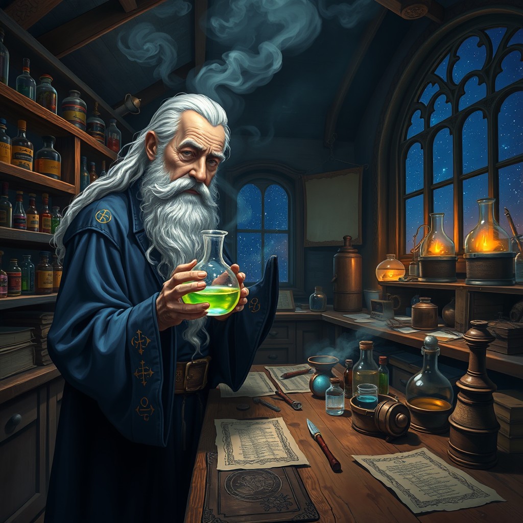 A mystical alchemist in a dimly lit laboratory filled with bubbling potions and ancient scrolls
