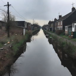 A dark, solitary road, a few scattered houses on its left side. Flanked by slight garbage, the road runs adjacent to a slightly grime-stricken canal, reinforcing an almost dystopian aesthetic.