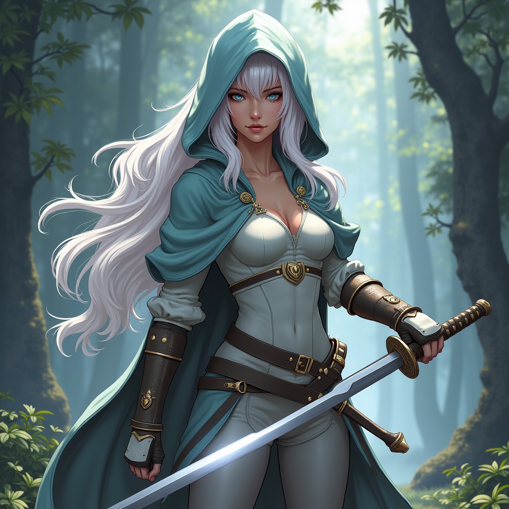 A striking portrayal of a female half-elf fencer from a Dungeons & Dragons setting in anime style