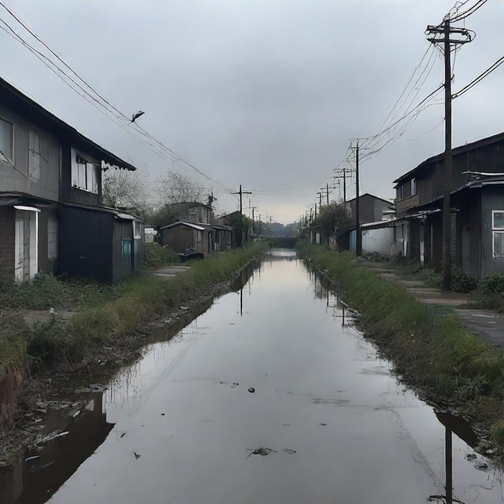 A dark, solitary road, a few scattered houses on its left side. Flanked by slight garbage, the road runs adjacent to a slightly grime-stricken canal, reinforcing an almost dystopian aesthetic.