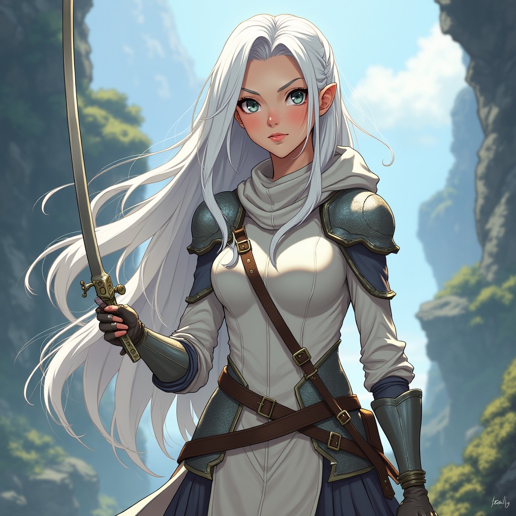 An engaging full body illustration of a female half-elf fencer character from a D&D-inspired universe, depicted in an anime style