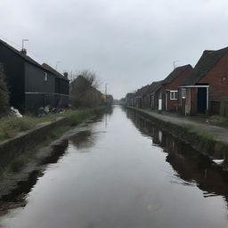 A dark, solitary road, a few scattered houses on its left side. Flanked by slight garbage, the road runs adjacent to a slightly grime-stricken canal, reinforcing an almost dystopian aesthetic.