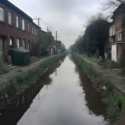 A dark, solitary road, a few scattered houses on its left side. Flanked by slight garbage, the road runs adjacent to a slightly grime-stricken canal, reinforcing an almost dystopian aesthetic.