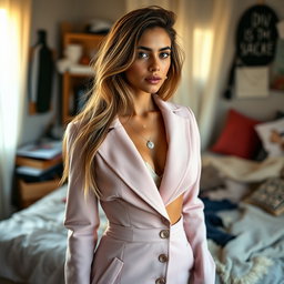 A breathtaking 18-year-old Arabic woman with an exquisite thin and skinny physique, highlighted by large breasts, a tiny waist, and very wide hips that create a stunning silhouette