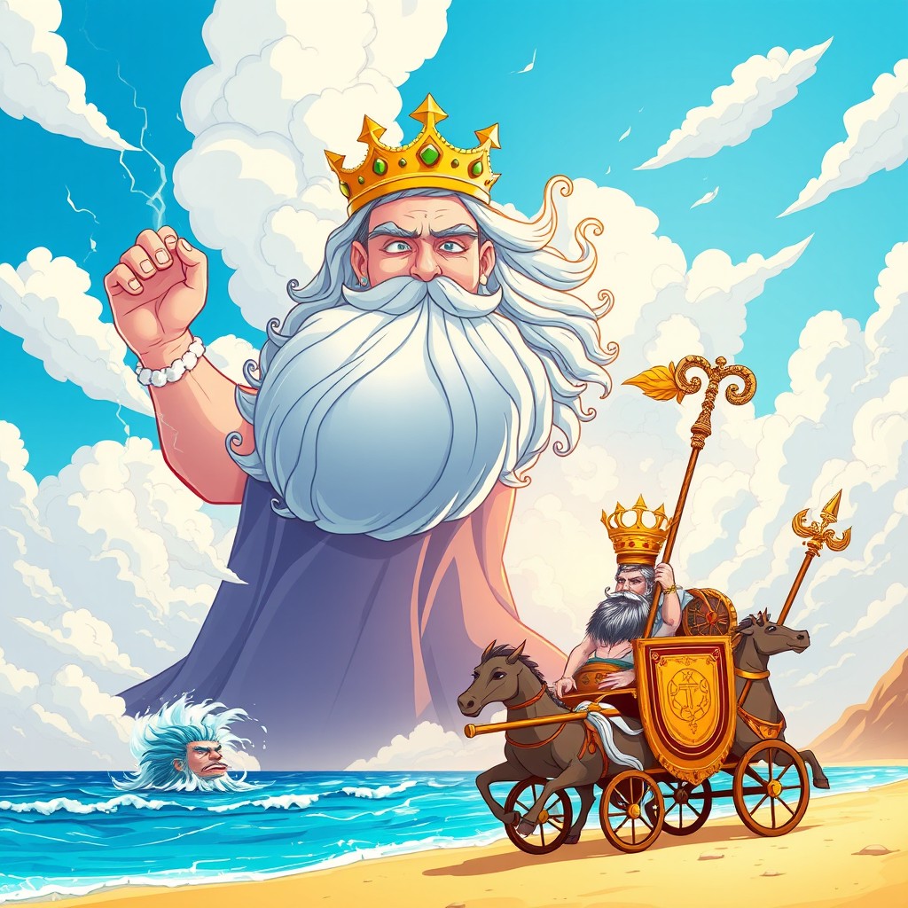 A vibrant cartoon depiction of a gigantic Zeus emerging from the blue sky, crowned with a golden crown and holding a lightning bolt in his hand, partially obscured by white clouds