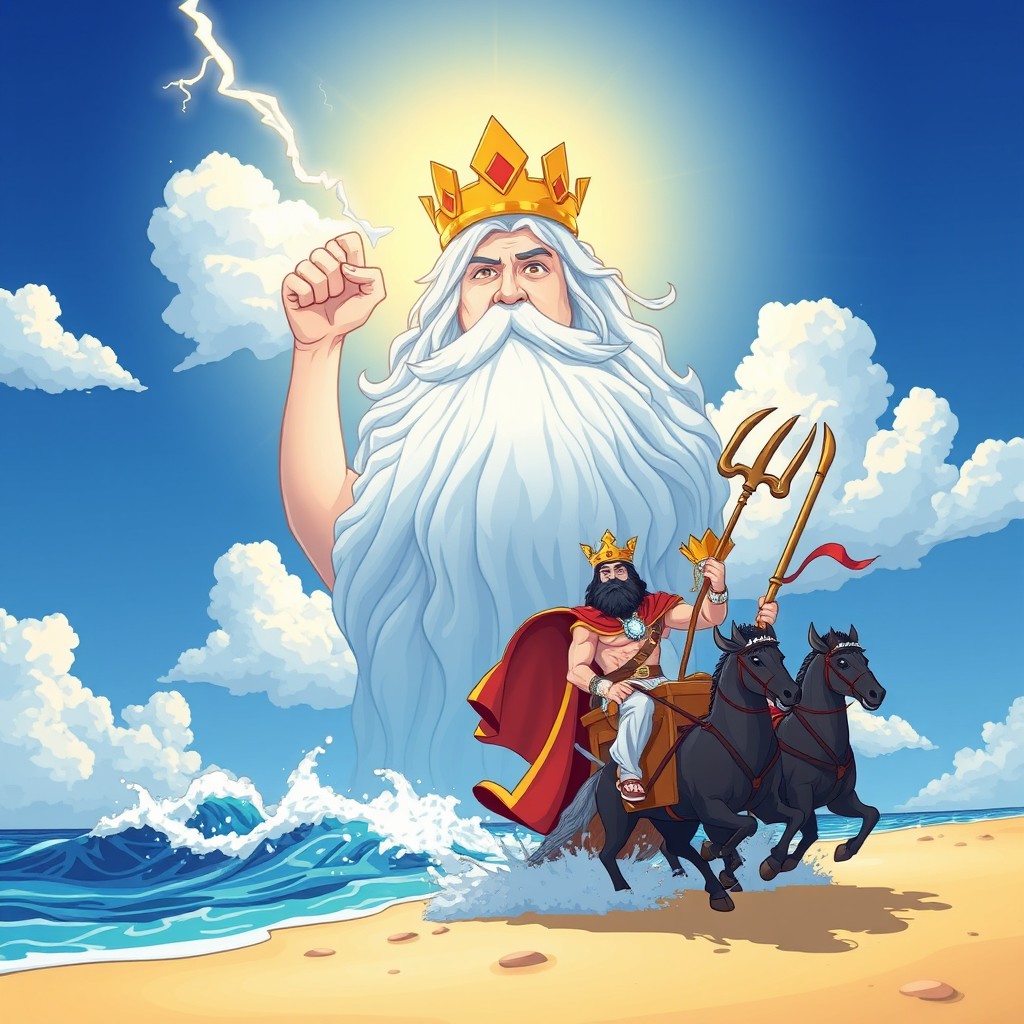 A vibrant cartoon-style illustration depicting the gigantic apparition of Zeus wearing a golden crown, holding a lightning bolt in his hand, set against a blue sky partially obscured by fluffy white clouds