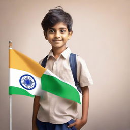 A modernly dressed boy named 'Aanand' proudly holding the Indian flag in his hand