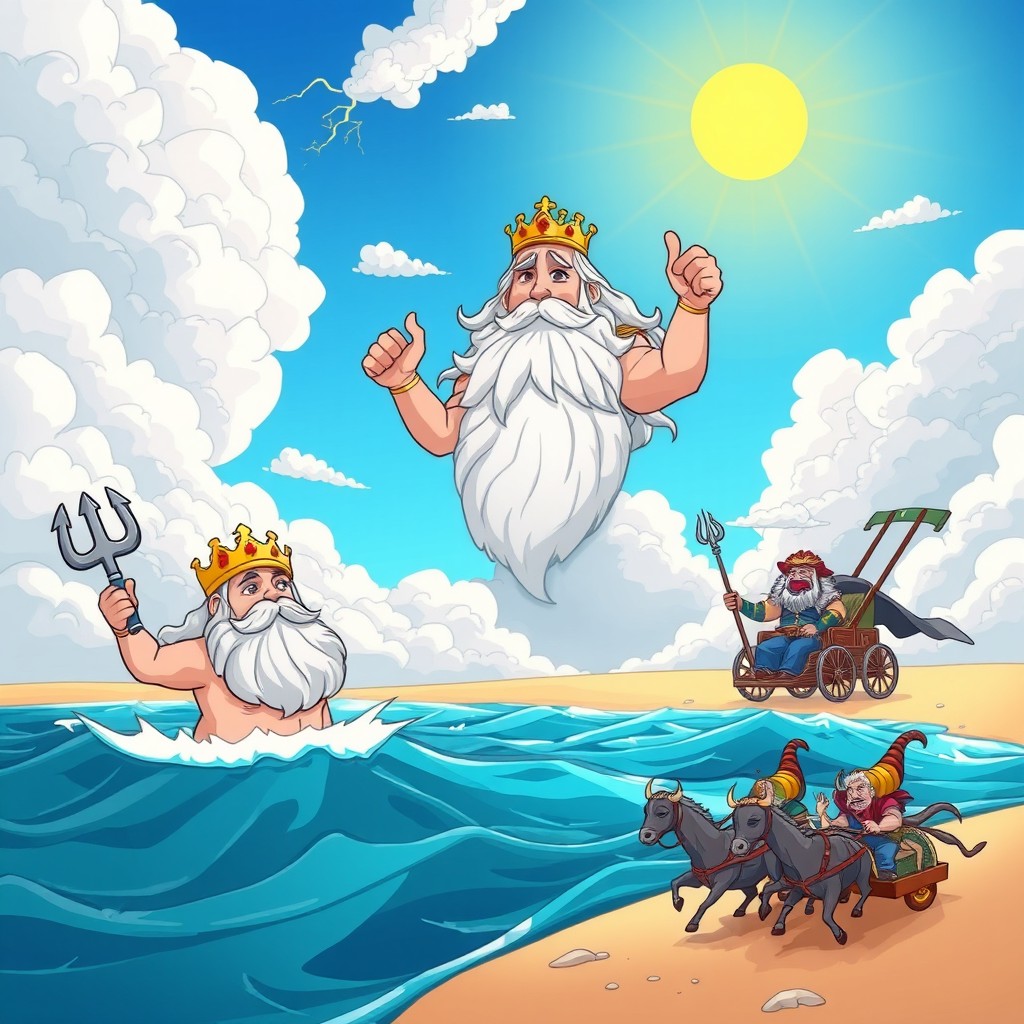 A vibrant cartoon depiction of the gigantic appearance of Zeus, adorned with a golden crown and holding a lightning bolt in the blue sky, partially obscured by fluffy white clouds
