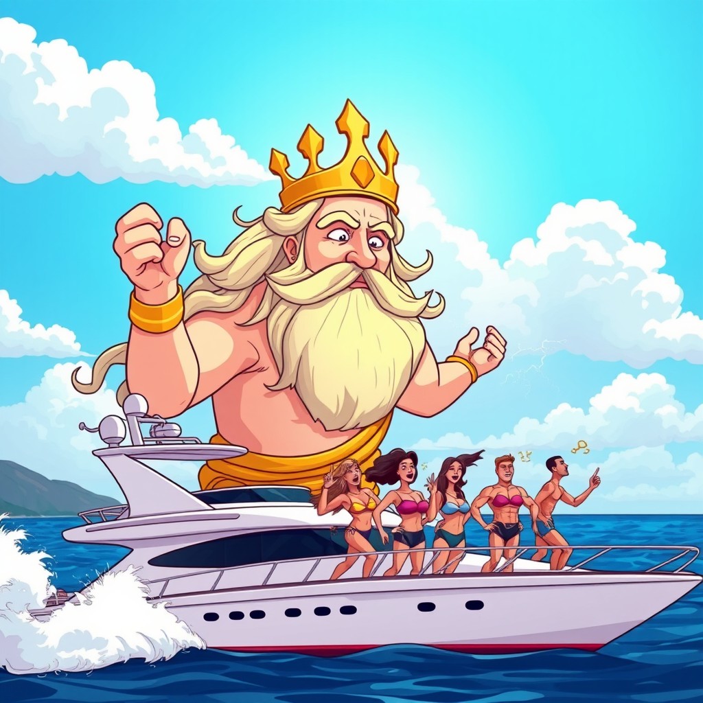 A cartoon depiction of the gigantic appearance of Zeus with a golden crown and a lightning bolt in hand, set against a bright blue sky partially obscured by fluffy white clouds, overlooking a scenic horizon of the sea